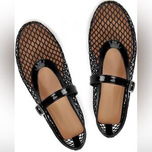 Womens Mesh Ballet Flats Buckle Strap round toe Fishnet trendy Shoes Black